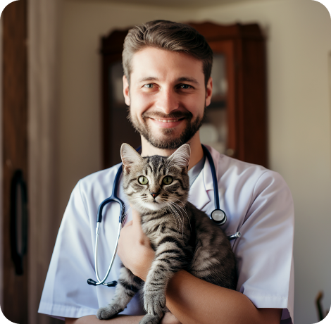 Ein Männlicher Tierarzt mit Katze auf dem Arm lächelt